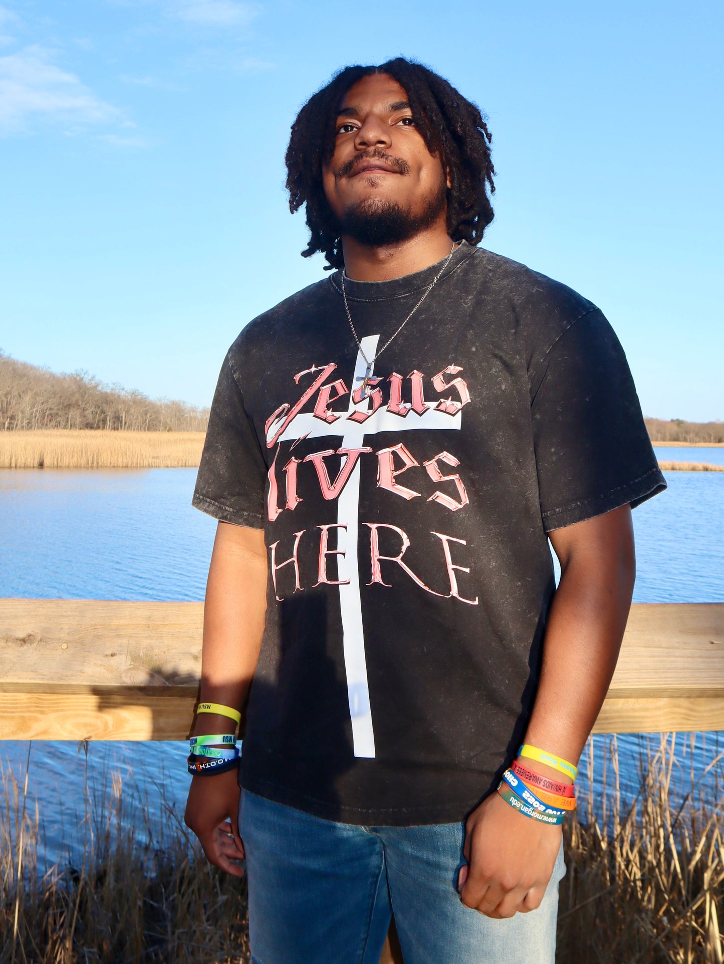 "Jesus Lives Here" Red Cross Short Sleeve T-Shirt