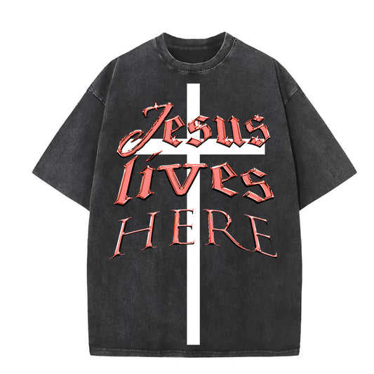 "Jesus Lives Here" Red Cross Short Sleeve T-Shirt