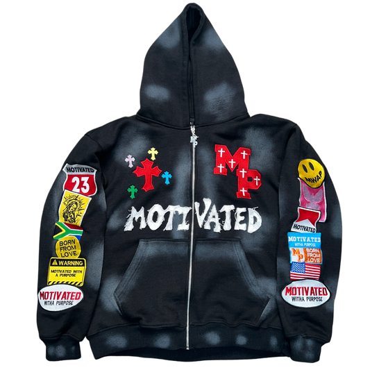 "MOTIVATED" Black Embroidery Patch Hoodie