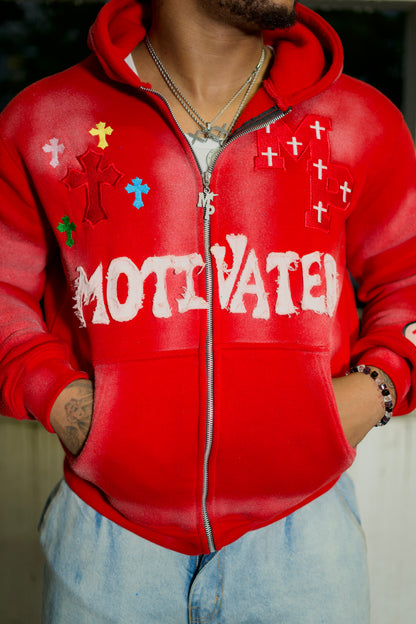 "MOTIVATED" Red Embroidery Patch Hoodie