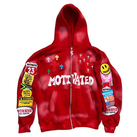 "MOTIVATED" Red Embroidery Patch Hoodie