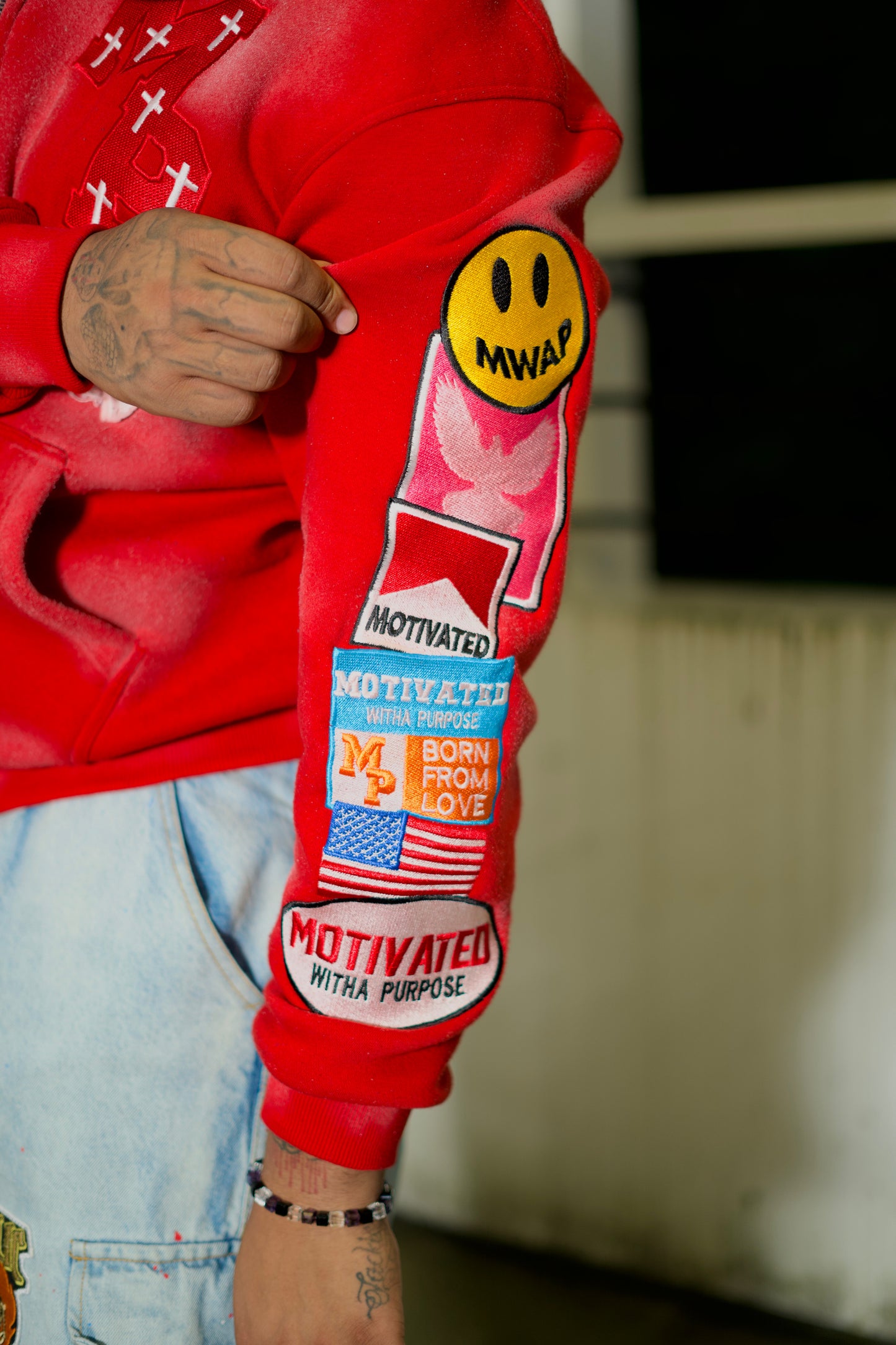 "MOTIVATED" Red Embroidery Patch Hoodie